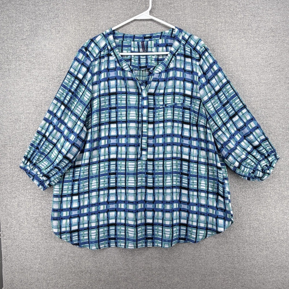 NYDJ 3/4 Sleeve Blouse Top Women Size 1X Blue Teal Plaid Casual